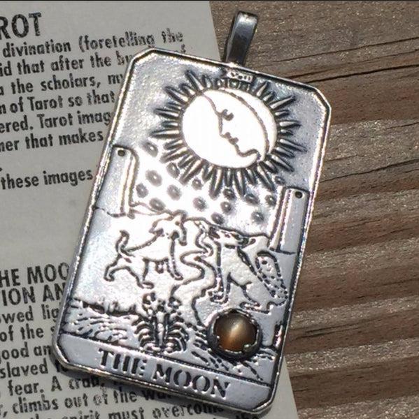 Moon Tarot Card Pendant .925 Sterling Silver with Genuine Peach Moonstone gem