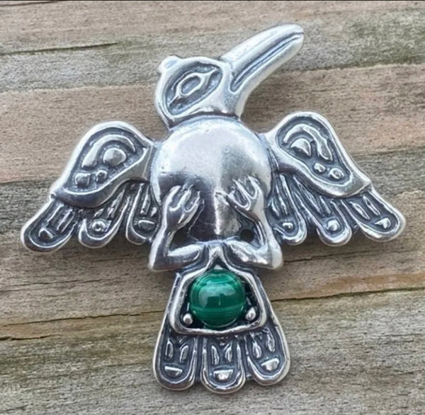 Tribal Raven Pendant .925 Sterling Silver w/ Natural Malachite Northwest Crow USA