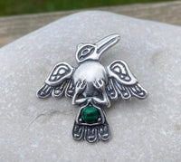 Tribal Raven Pendant .925 Sterling Silver w/ Natural Malachite Northwest Crow USA