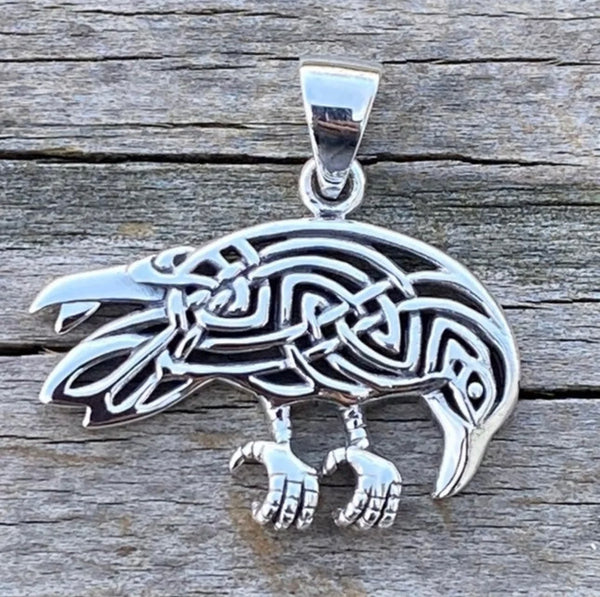 Celtic Raven Pendant .925 Sterling Silver Crow jewelry 