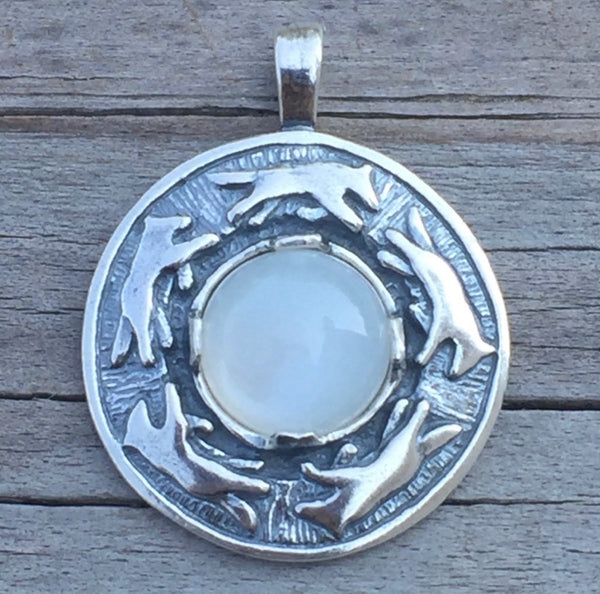 Wolf Dance Pendant .925 Sterling Silver w/ genuine 10mm Moonstone gem Made in USA