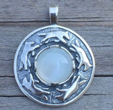 Wolf Dance Pendant .925 Sterling Silver w/ genuine 10mm Moonstone gem Made in USA