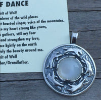 Wolf Dance Pendant .925 Sterling Silver w/ genuine 10mm Moonstone gem Made in USA