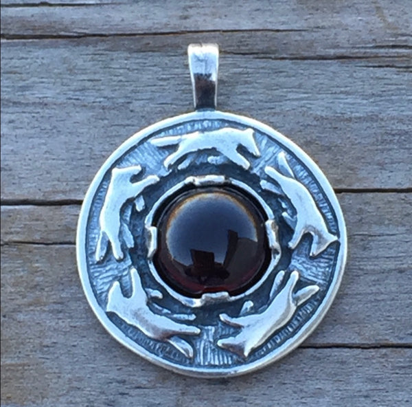 Wolf Dance Pendant .925 Sterling Silver w/ genuine 10mm Garnet gem Made in USA