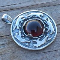 Wolf Dance Pendant .925 Sterling Silver w/ genuine 10mm Garnet gem Made in USA