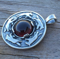Wolf Dance Pendant .925 Sterling Silver w/ genuine 10mm Garnet gem Made in USA