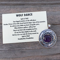 Wolf Dance Pendant .925 Sterling Silver w/ genuine 10mm Amethyst gem Made in USA