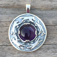 Wolf Dance Pendant .925 Sterling Silver w/ genuine 10mm Amethyst gem Made in USA