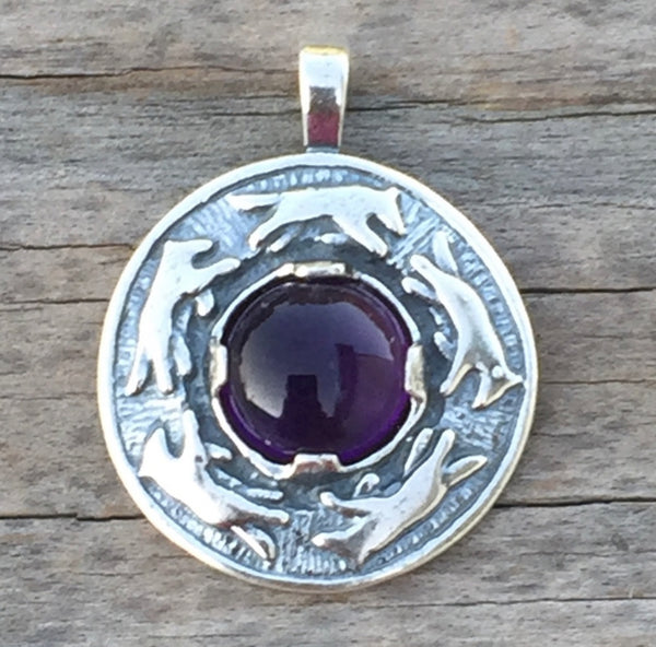 Wolf Dance Pendant .925 Sterling Silver w/ genuine 10mm Amethyst gem Made in USA