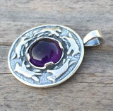 Wolf Dance Pendant .925 Sterling Silver w/ genuine 10mm Amethyst gem Made in USA