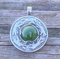 Wolf Dance Pendant .925 Sterling Silver w/ genuine 10mm Jade gem Made in USA
