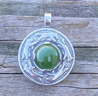 Wolf Dance Pendant .925 Sterling Silver w/ genuine 10mm Jade gem Made in USA