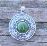 Wolf Dance Pendant .925 Sterling Silver w/ genuine 10mm Jade gem Made in USA