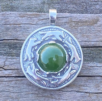 Wolf Dance Pendant .925 Sterling Silver w/ genuine 10mm Jade gem Made in USA