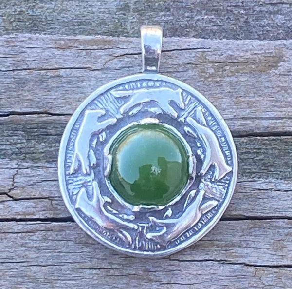 Wolf Dance Pendant .925 Sterling Silver w/ genuine 10mm Jade gem Made in USA