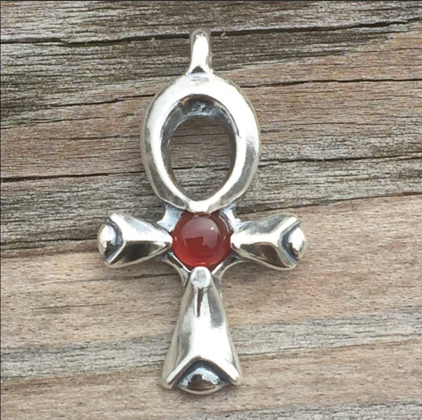 Ankh Pendant Solid .925 Sterling Silver w/ Natural Carnelian gemstone 
