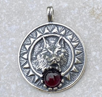 Viking Sun Wolf 3D Sculpted Pendant solid .925 Sterling Silver w/ genuine Garnet gemstone Made in USA