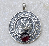 Viking Sun Wolf 3D Sculpted Pendant solid .925 Sterling Silver w/ genuine Garnet gemstone Made in USA