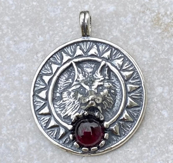Viking Sun Wolf 3D Sculpted Pendant solid .925 Sterling Silver w/ genuine Garnet gemstone Made in USA