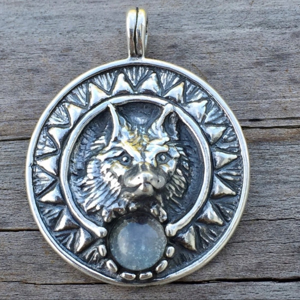 Viking Sun Wolf Pendant solid .925 Sterling Silver w/ genuine Rainbow Moonstone USA