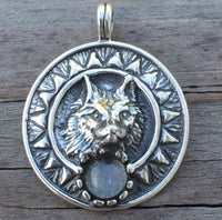 Viking Sun Wolf Pendant solid .925 Sterling Silver w/ genuine Rainbow Moonstone