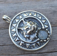 Viking Sun Wolf Pendant solid .925 Sterling Silver w/ genuine Rainbow Moonstone USA