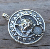 Viking Sun Wolf Pendant solid .925 Sterling Silver w/ genuine Rainbow Moonstone USA