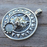 Viking Sun Wolf Pendant solid .925 Sterling Silver w/ genuine Rainbow Moonstone USA