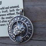 Viking Sun Wolf Pendant solid .925 Sterling Silver w/ genuine Rainbow Moonstone USA