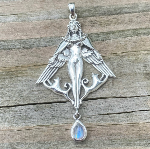 Freya Norse Love Goddess Pendant .925 Sterling Silver w/ genuine Rainbow Moonstone