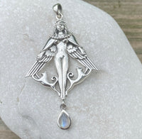 Freya Norse Love Goddess Pendant .925 Sterling Silver w/ genuine Rainbow Moonstone