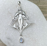Freya Norse Love Goddess Pendant .925 Sterling Silver w/ genuine Rainbow Moonstone