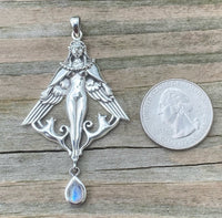 Freya Norse Love Goddess Pendant .925 Sterling Silver w/ genuine Rainbow Moonstone