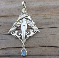 Freya Norse Love Goddess Pendant .925 Sterling Silver w/ genuine Rainbow Moonstone