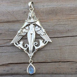 Freya Norse Love Goddess Pendant .925 Sterling Silver w/ genuine Rainbow Moonstone