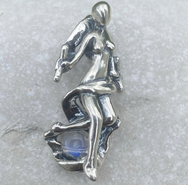 World Tarot 3D Sculpture Pendant .925 Sterling Silver with Natural Rainbow moonstone USA