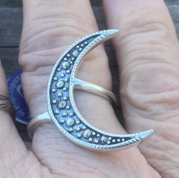 Crescent Moon Ring with Marcasite Stones