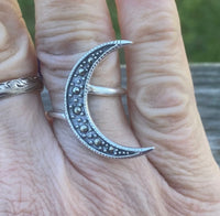 Sterling Silver Crescent Moon Ring with Marcasite Stones