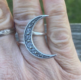 Sterling Silver Crescent Moon Ring with Marcasite Stones