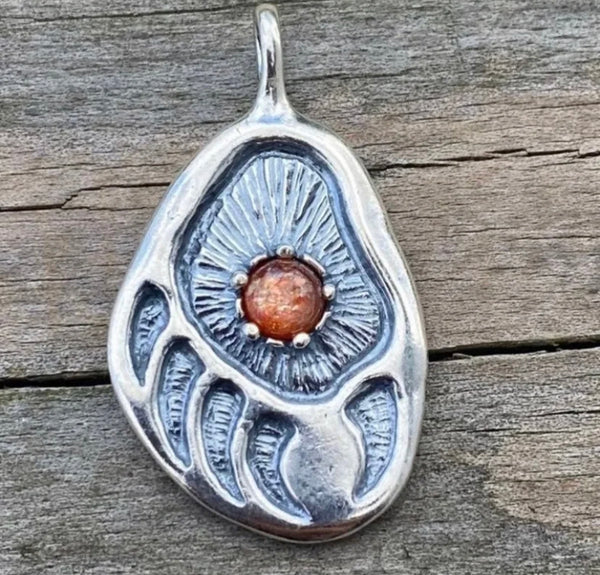 Black Bear Track Pendant .925 Sterling Silver w/ genuine Sunstone Made in USA