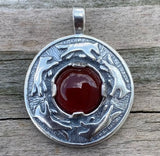 Wolf Dance Pendant .925 Sterling Silver w/ genuine Carnelian gem Made in USA