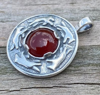Wolf Dance Pendant .925 Sterling Silver w/ genuine Carnelian gem Made in USA