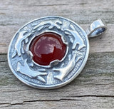 Wolf Dance Pendant .925 Sterling Silver w/ genuine Carnelian gem Made in USA