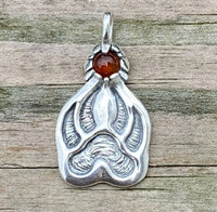 Timber Wolf Track Pendant Solid .925 Sterling Silver w/ genuine Amber gemstone USA