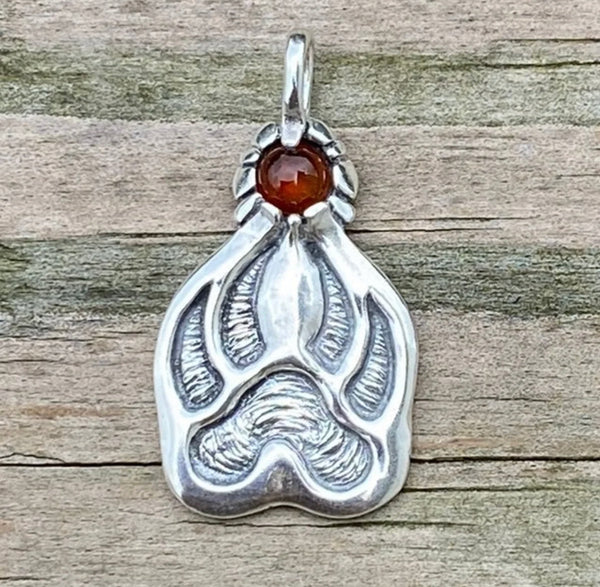 Timber Wolf Track Pendant Solid .925 Sterling Silver w/ genuine Amber gemstone USA