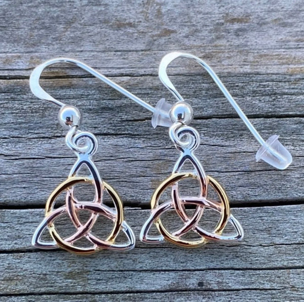 Celtic Triquetra Earrings .925 Sterling Silver with Rose and Yellow Gold Vermeil by Peter Stone