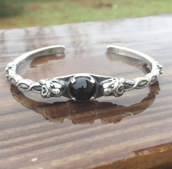 Celtic Lion Bracelet .925 Sterling Silver Goddess Cuff w/ Natural Black Onyx