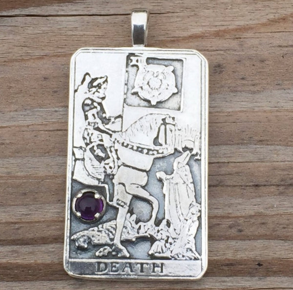Death Tarot Card Pendant .925 Sterling Silver with Genuine Purple Amethyst gem