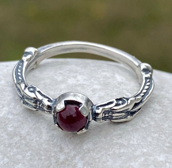 Celtic Medieval Dragon Ring .925 Sterling Silver with Genuine Garnet gemstone USA