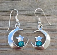 Moon and Star solid .925 Sterling Silver dangle Earrings set with genuine 5 mm Chrysocolla gemstones.